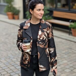 Chico's Black and Brown Abstract Floral Patterned Blazer